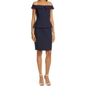 NWT Ted Baker Laetita Navy Blue Peplum Midi Dress Bardot Off Shoulder Size 5 14